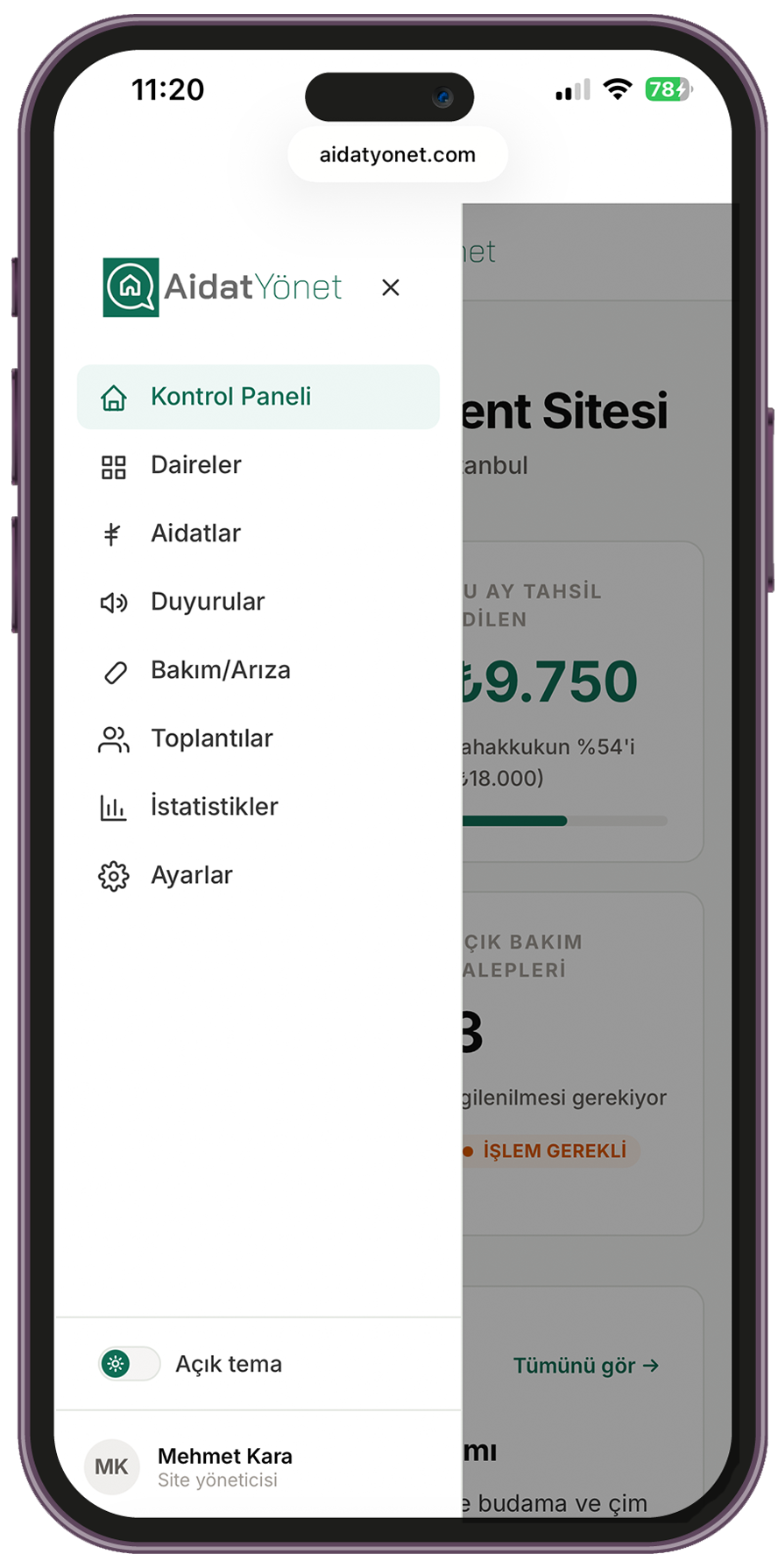 AidatYonet mobil görünüm
